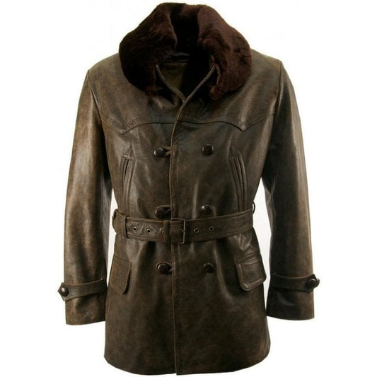 Fur Collar Vintage Leather Pea Coat Fur Collar Vintage Leather Pea Coat