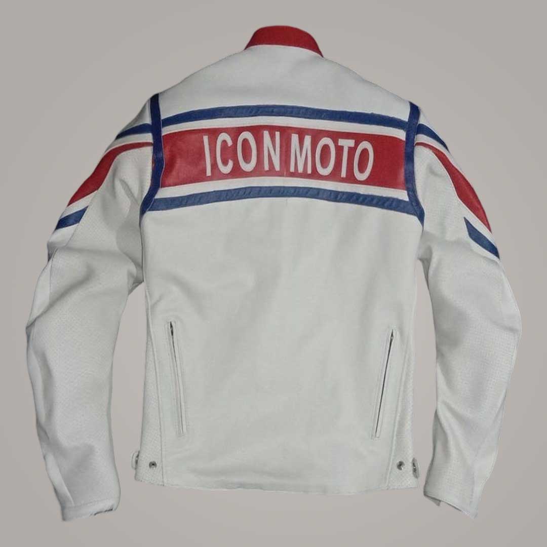 Genuine Leather Biker Jacket with Stitched Racing Patches and Adjustable Waist Straps by Jackets Kingdom