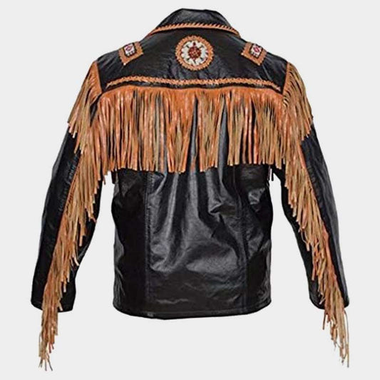 Genuine Western style leather jacket featuring classic fringe and intricate beadwork design