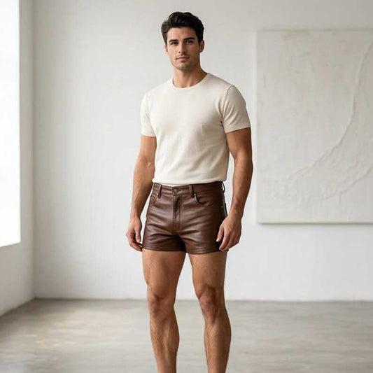 Genuine cowhide leather shorts for men in brown with jeans style pockets by Jackets Kingdom
