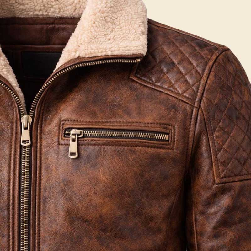 Genuine leather jacket men with Sherpa collar