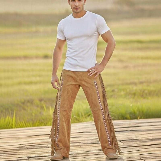 Genuine soft suede leather trousers featuring hand-beaded accents and classic fringe trim