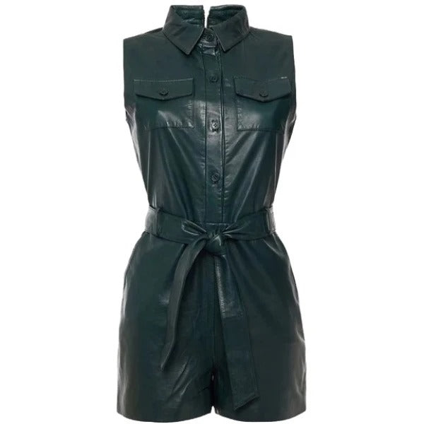 Green Leather Belted Short Romper for Women
