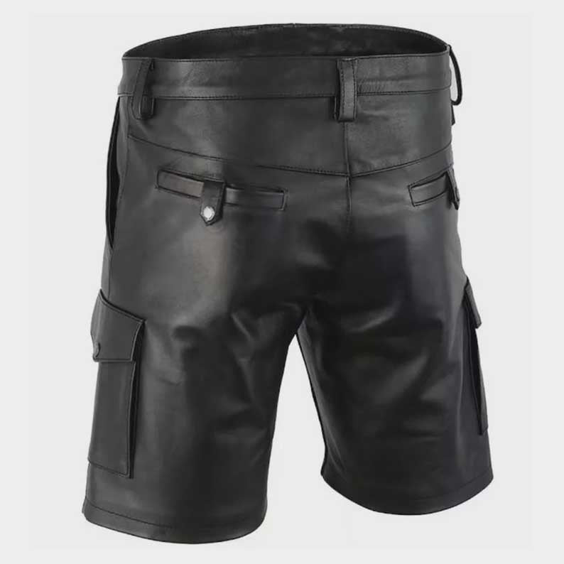 Handcrafted black leather biker shorts featuring functional straps and pockets by Jackets Kingdom