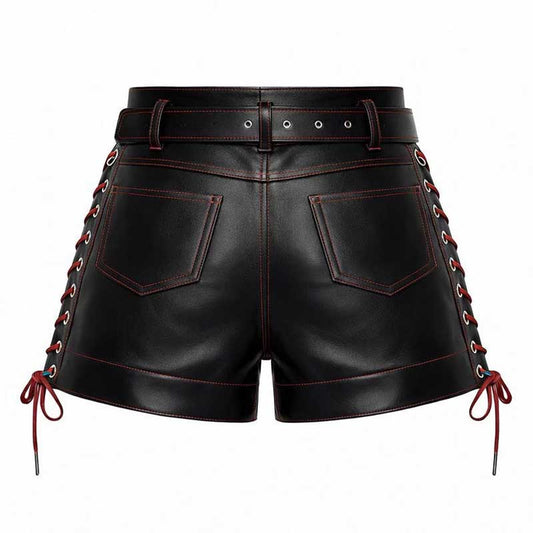 Handmade Black Leather Punk Shorts with Red Stitching