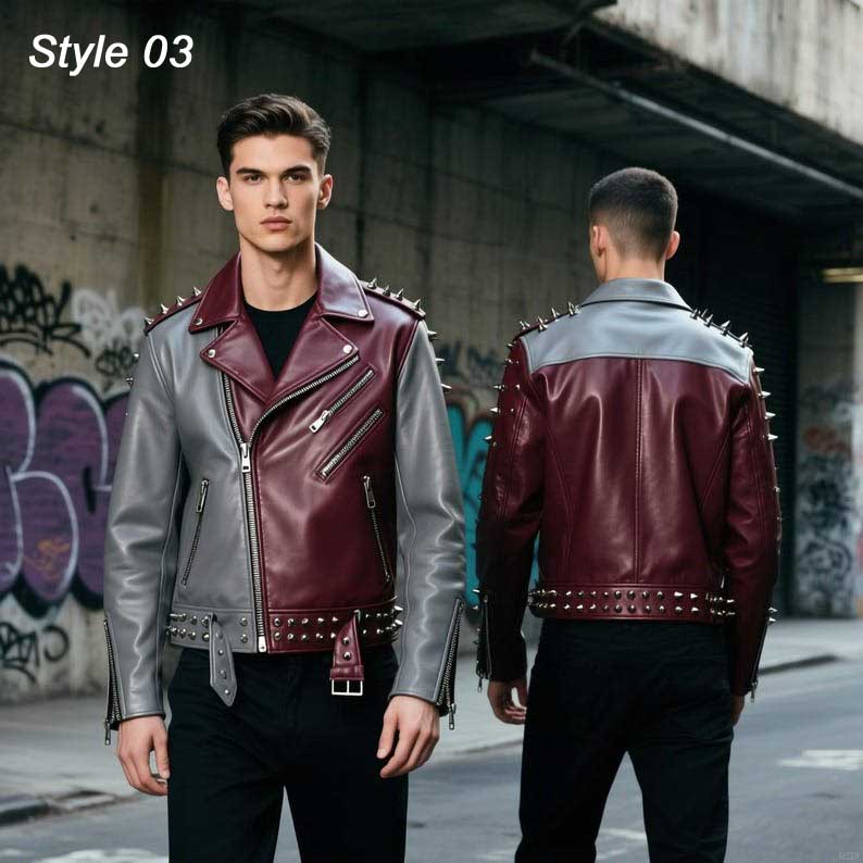 Handmade Grey and Maroon Studded Leather Biker Jacket