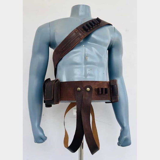 Handmade bounty hunter costume accessory belt featuring premium leather construction and functional holster design by Jackets Kingdom
