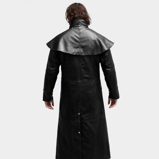 Handmade full length leather duster coat in assassin style with hood by Jackets Kingdom