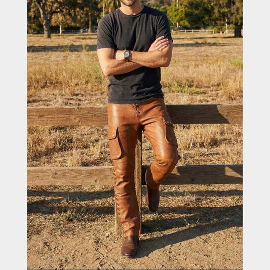 Handmade genuine leather trousers in rich brown featuring regular fit and motorcycle biker design by Jackets Kingdom