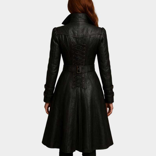 Handmade gothic leather overcoat featuring adjustable corset lacing and brass hardware by Jackets Kingdom