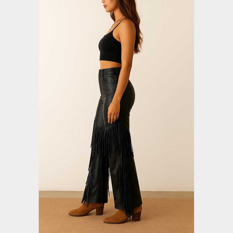 Handmade high waisted fringe pants in faux leather with wide leg fit for festivals by Jackets Kingdom