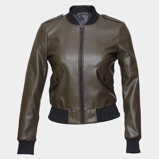 Handmade olive green genuine leather bomber jacket for women full body by Jackets Kingdom