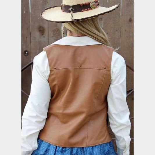 Handmade tan leather cowgirl waistcoat featuring premium silk lining and collarless style