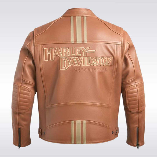 Harley Davidson Style Brown Leather Motorcycle Jacket with Racing Stripes
