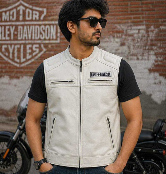 Harley Davidson White Leather Biker Vest with Bar and Shield Back Patch