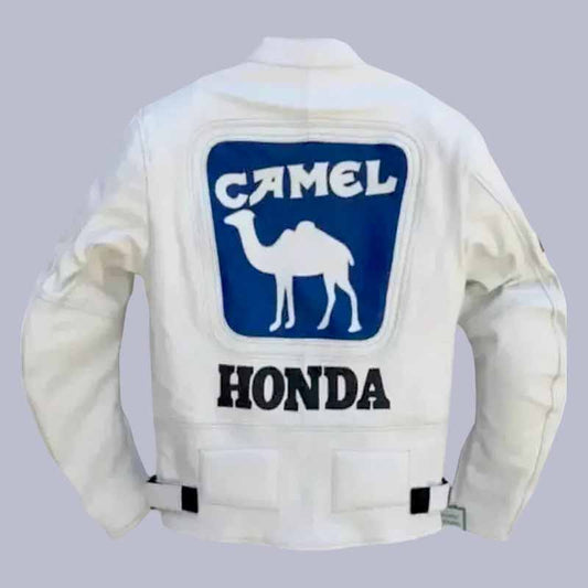 Back view of Honda Camel racing leather jacket with vintage branding