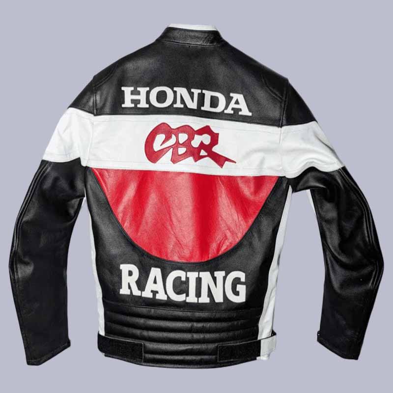 Back view of Honda CBR leather racing jacket with HRC branding