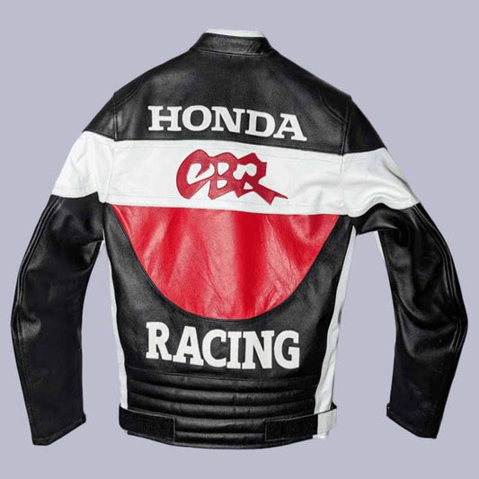 Back view of Honda CBR leather racing jacket with HRC branding