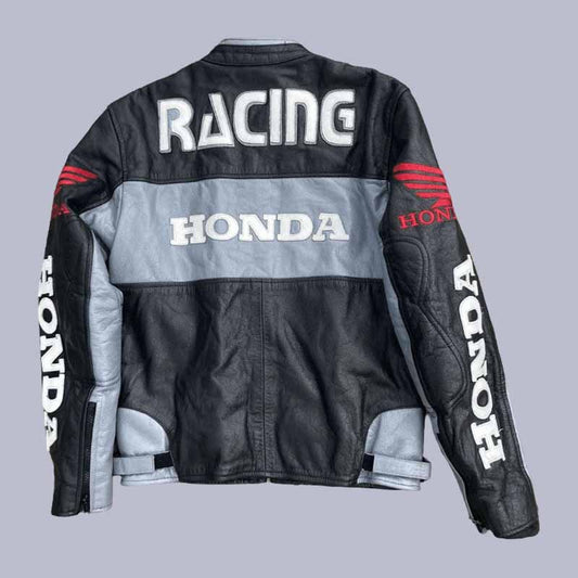 Back view of Honda racing leather jacket with red wing logo