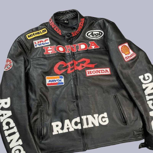 Back view of Honda CBR leather racing jacket with sponsor branding