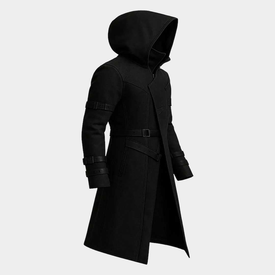 Men's Cyberpunk Trench Coat Hooded Gothic Streetwear Long Black Cotton Blend Handmade