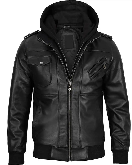Hooded Genuine Leather Black Bomber Jacket Hooded Genuine Leather Black Bomber Jacket
