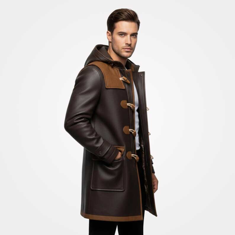 Hooded men's leather duffle coat with wind resistant construction by Jackets Kingdom