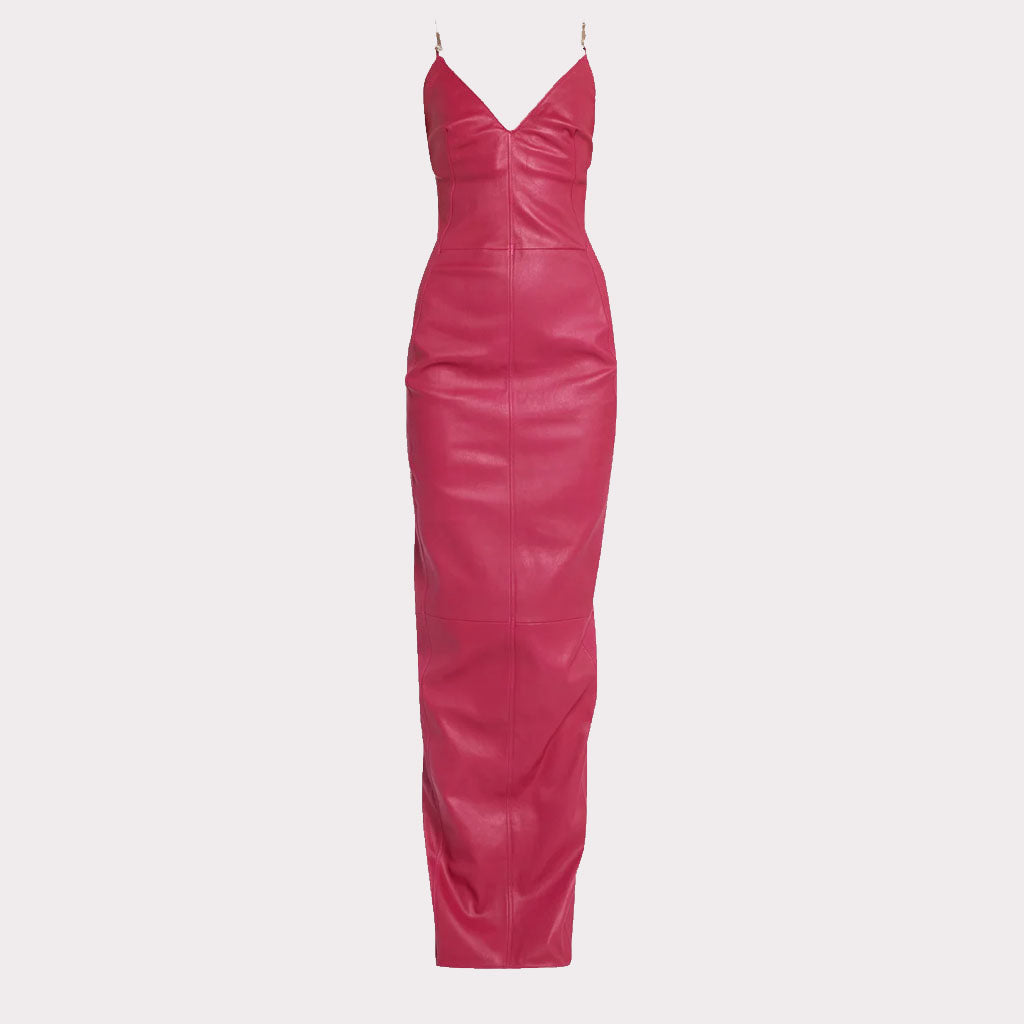 Hot Pink Fitted Long Leather Barbie Dress