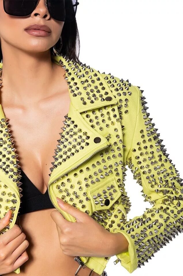 Hot Women Punk Style Brando Fashion Biker Studded Genuine Cowhide Leather Jacket
