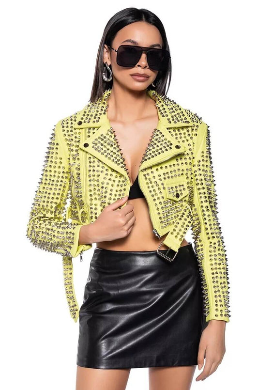 Hot Womens Yellow Punk Brando Studded Leather Biker Jacket Hot Womens Yellow Punk Brando Studded Leather Biker Jacket