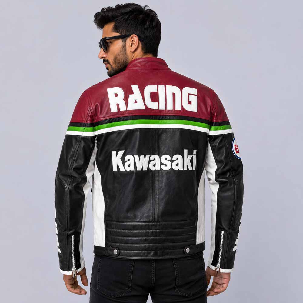 Men's Kawasaki Racing Jacket in Genuine Cowhide Leather with Sport Performance Fit