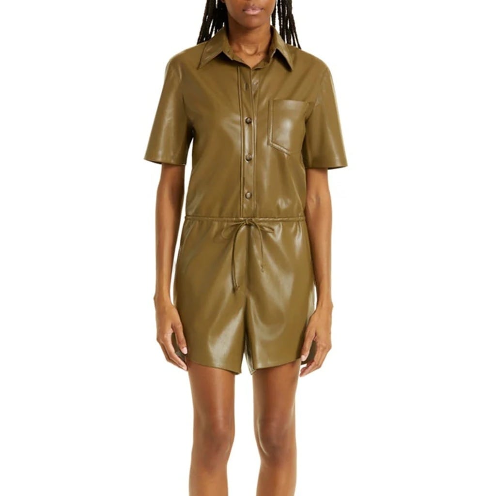 Khaki Brown Drawstring Waist Leather Playsuit for Women