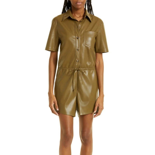 Khaki Brown Drawstring Waist Leather Playsuit for Women Khaki Brown Drawstring Waist Leather Playsuit for Women