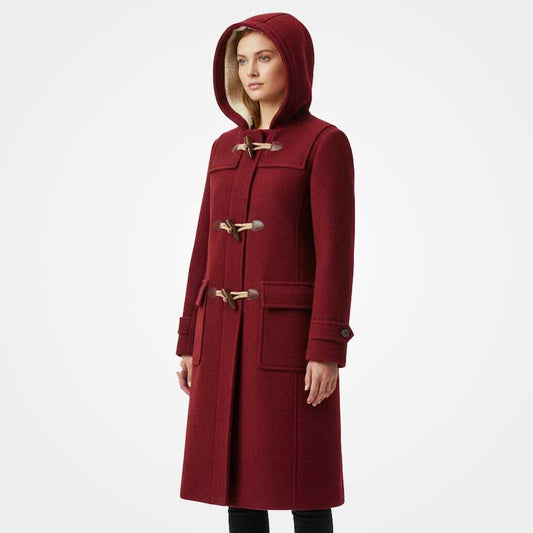 Long hooded duffle coat featuring classic toggle closures by Jackets Kingdom