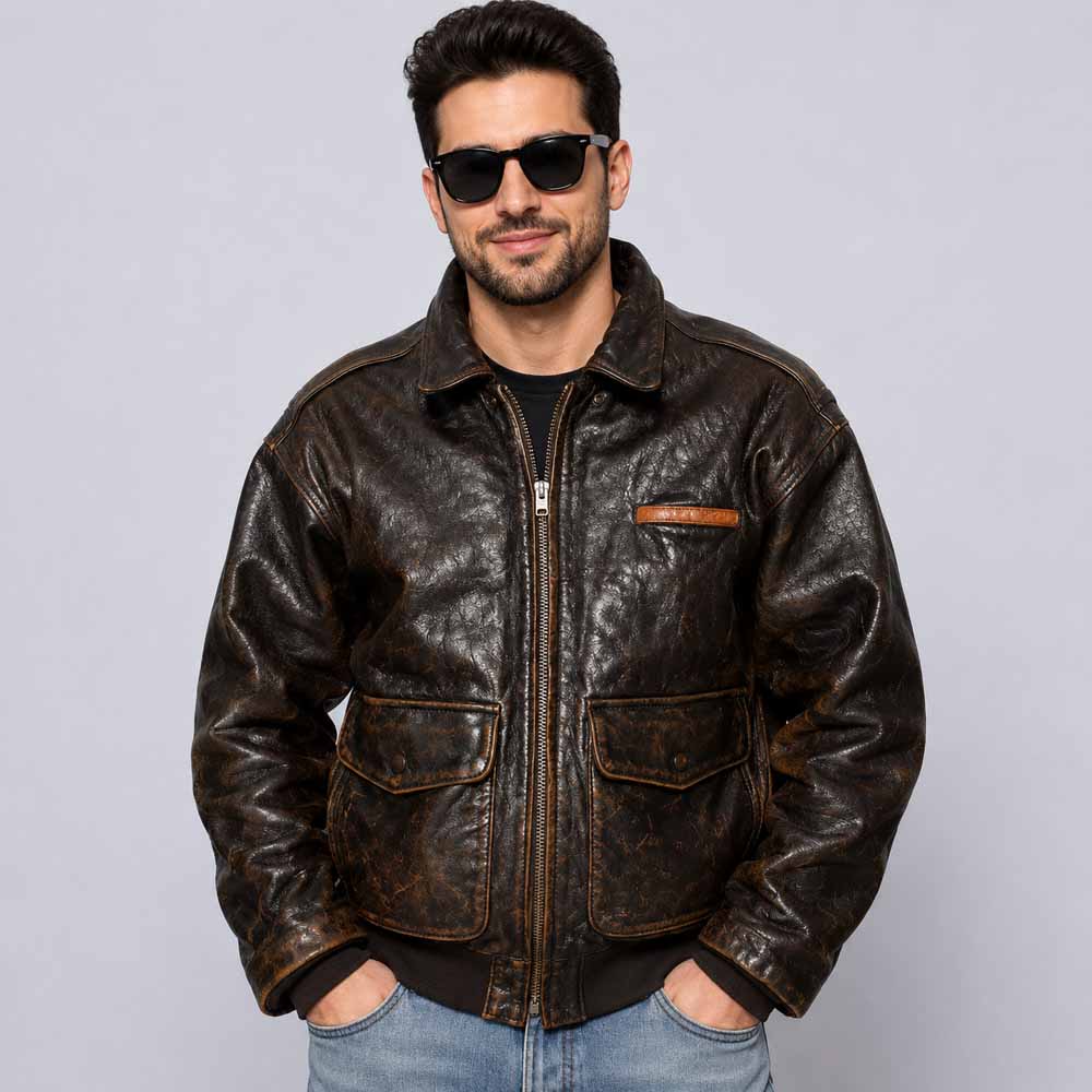 Men's Lucky Strike Brown Aviator Jacket in Vintage Cowhide Leather with Distressed Finish