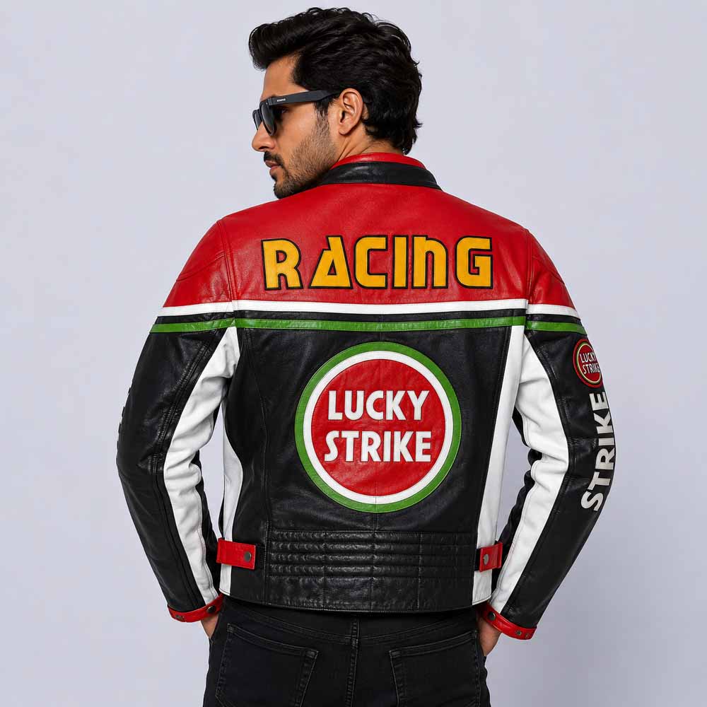 Men's Lucky Strike Red Black Green Cowhide Leather Motorcycle Jacket with Racing Patches