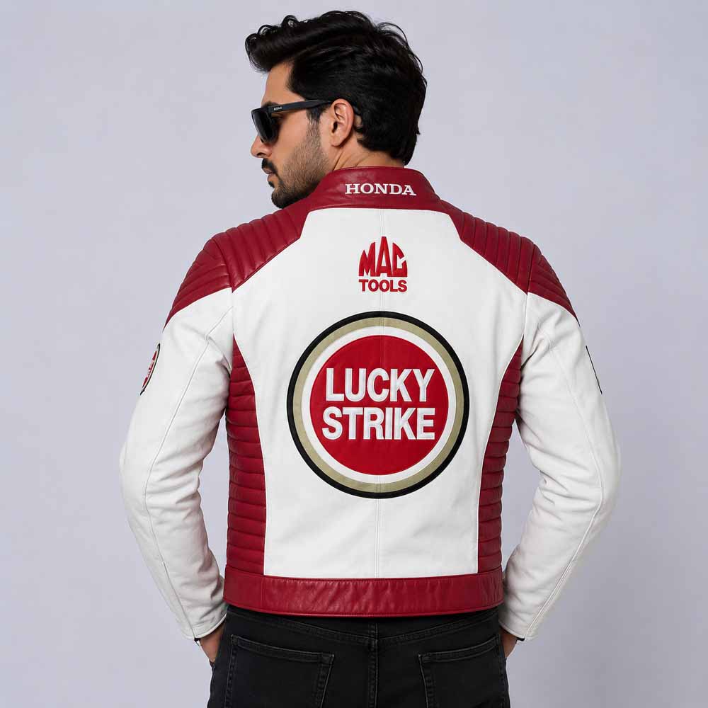 Men's Lucky Strike Cowhide Leather Biker Jacket with Racing Streetwear Style