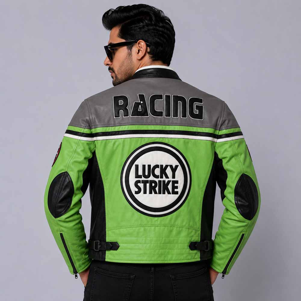 Men's Lucky Strike Green and Grey Racing Jacket with zipper closure