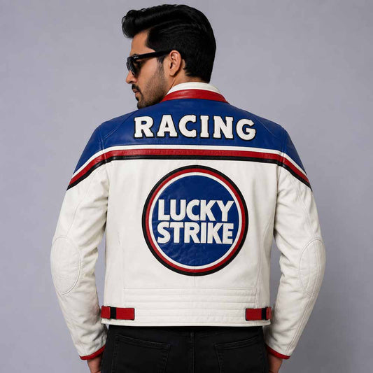Lucky Strike Leather Racing Jacket with Vintage Grand Prix Style