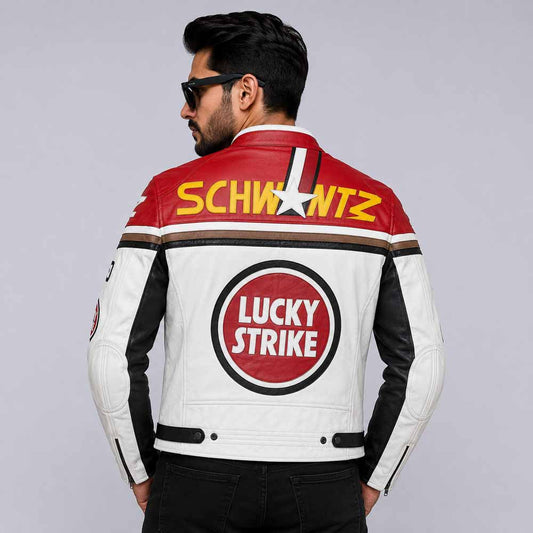 Men's Lucky Strike Racing Motorcycle Jacket in Full Grain Cowhide Leather Front View