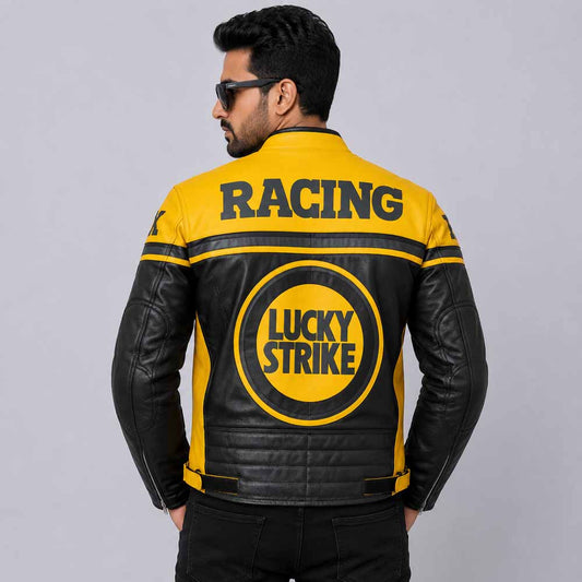 Lucky Strike Yellow and Black Leather Biker Jacket Back View
