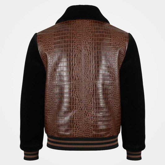 Luxury varsity bomber jacket featuring textured leather and fur collar by Jackets Kingdom