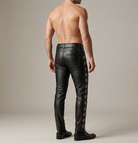 Men Black Leather Slim Fit Pants with Side Grommet Detail