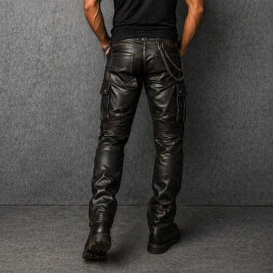 Men Black Sheepskin Leather Cargo Biker Pants
