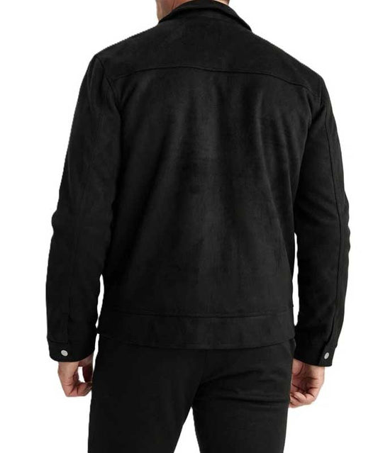 Men Black Suede Leather Trucker Jacket Classic Zip Style