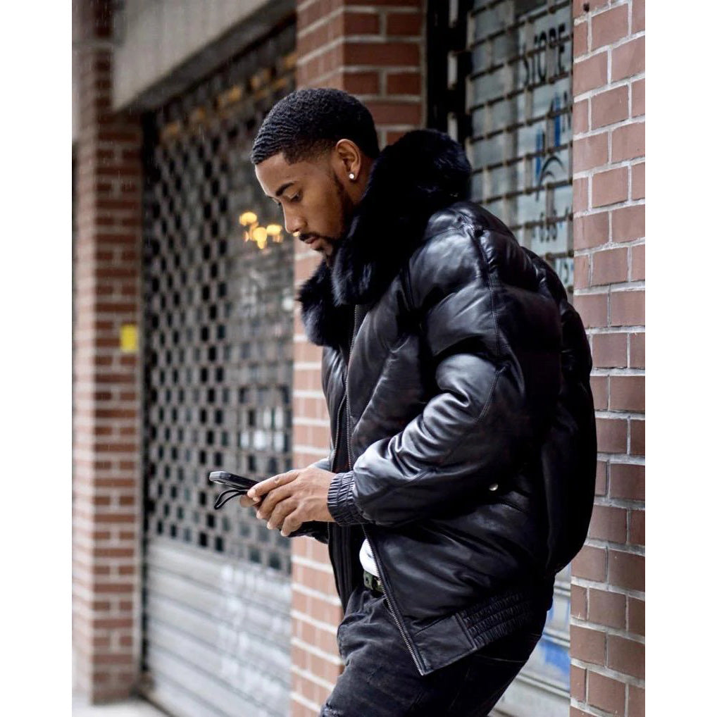 Men Black V Bomber Jacket with Black Fur Collar