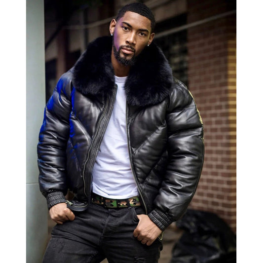 Men Black V Bomber Jacket with Black Fur Collar Black V Bomber Jacket with Black Fur Collar - Bubble Jacket