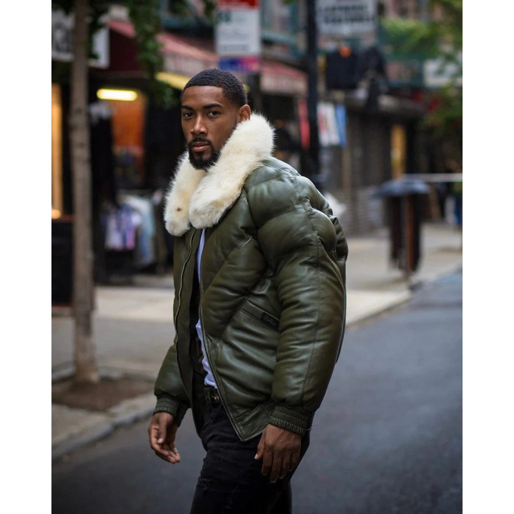 Men Money Green V Bomber Jacket with Off-White Fur Collar