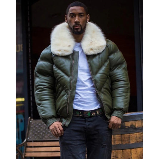 Men Money Green V Bomber Jacket with Off-White Fur Collar V Bomber Jacket with Off-White Fur Collar - Bubble Jacket