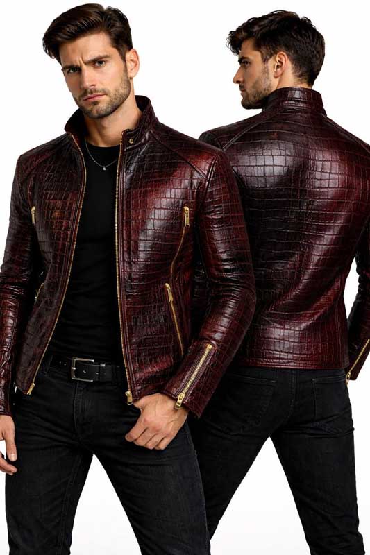 Men Red Crocodile Embossed Leather Biker Jacket